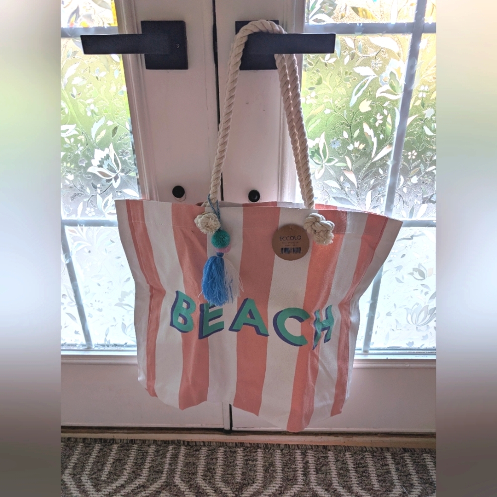Beach Striped Canvas Tote Bag Pink/White